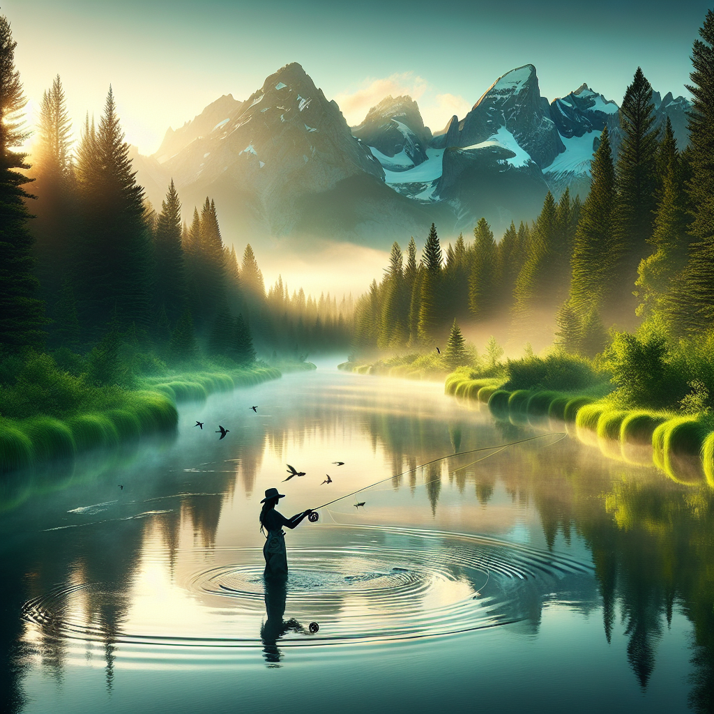 A serene river scene with a person fly fishing