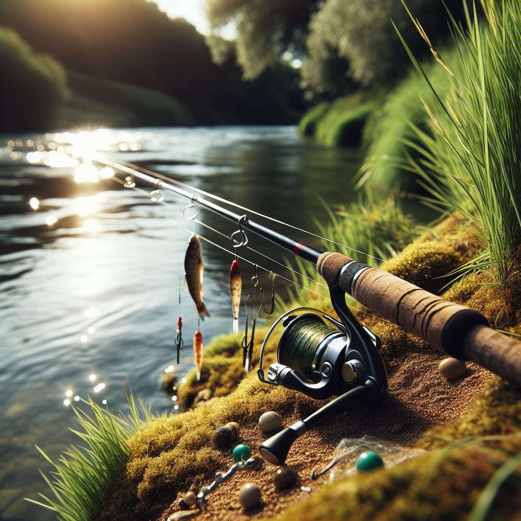 A fishing rod placed on the ground near a river