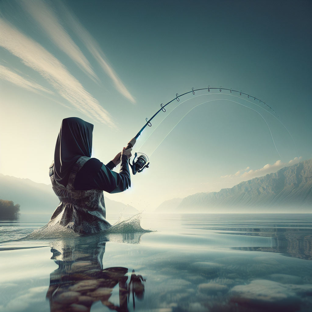 A fisherman casting a spinning rod on a lake
